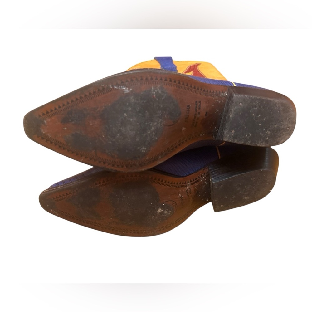 Rare 90s Hunt Club "Trisha" Leather Flame Cowboy Boots Blue Yellow Size 7M VTG - Picture 5 of 13